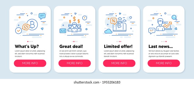 Juego de iconos de Finanzas, como el bitcoin Refrescar, el préstamo de viaje, los símbolos de empleados de Salario. Banners de simulación de aplicaciones móviles. Iconos de línea de negocio exitosos. Vector