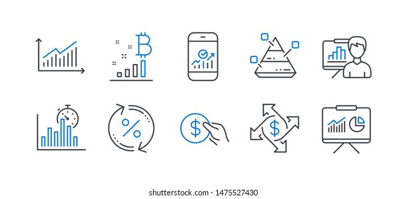 Set of Finance icons, such as Report timer, Payment exchange, Pyramid chart, Loan percent, Smartphone statistics, Presentation board, Bitcoin graph, Payment, Graph, Presentation. Vector