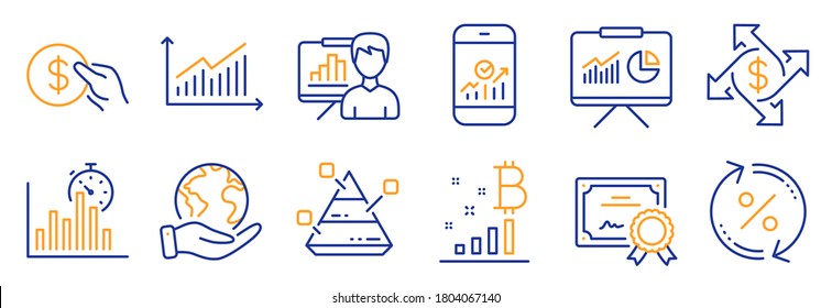 Set of Finance icons, such as Report timer, Payment exchange. Certificate, save planet. Pyramid chart, Loan percent, Smartphone statistics. Presentation board, Bitcoin graph, Payment. Vector