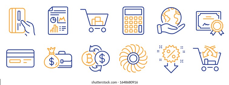 Set von Finanz-Symbolen, wie z. B. Gehälter, Rechner. Zertifikat, retten Sie unseren Planeten. Bitcoin-Austausch, Kreditkarte, Internet-Shopping. Report document, Cross sell, Discount. Vektorillustration