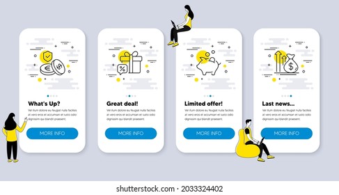 Set of Finance icons, such as Savings insurance, Piggy bank, Sale gift icons. UI phone app screens with people. Budget line symbols. Money exchange, Money investment, Discounts. Vector