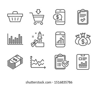 Set of Finance icons, such as Shopping basket, Check investment, Report document, Graph phone, Checklist, Online market, Bar diagram, Diagram chart, Phone payment, Survey checklist. Vector