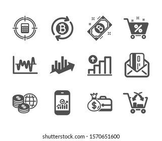 Set of Finance icons, such as Smartphone statistics, World money, Salary, Loan percent, Graph chart, Credit card, Growth chart, Bitcoin, Refresh bitcoin, Stock analysis, Calculator target. Vector