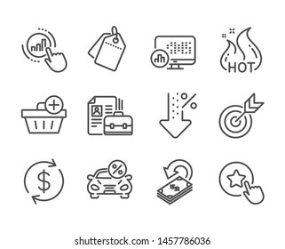 Set of Finance icons, such as Target, Cashback, Low percent, Vacancy, Car leasing, Sale tags, Add purchase, Usd exchange, Loyalty star, Hot sale, Graph chart, Report statistics line icons. Vector