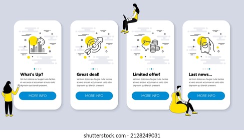 Set Of Finance Icons, Such As Target, Report Timer, Piggy Bank Icons. UI Phone App Screens With People. Financial App Line Symbols. Objective Goal, Growth Chart, Money Investment. Vector