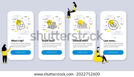Set of Finance icons, such as Upper arrows, Budget profit, Loyalty tags icons. UI phone app screens with people. No cash line symbols. Growth infochart, Trader, Bonus reward. Tax free. Vector