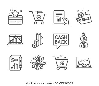 Set of Finance icons, such as Versatile, Report document, Add products, Loan percent, Money transfer, Manager, 3d chart, Document, Trade chart, Loyalty card, Graph laptop, Sale line icons. Vector