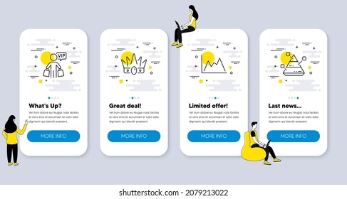 Set of Finance icons, such as Vip shopping, Diagram, Crown icons. UI phone app screens with people. Pyramid chart line symbols. Exclusive privilege, Growth graph, Monarchy king. Vector