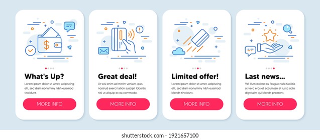 Set of Finance icons, such as Wallet, Contactless payment, Credit card symbols. Mobile screen banners. Loyalty program line icons. Affordability, Bank money, Bank payment. Bonus star. Vector
