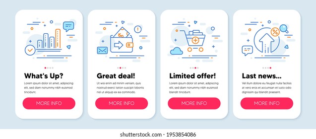 Set of Finance icons, such as Wallet, Graph chart, Add products symbols. Mobile screen app banners. Loan percent line icons. Money payment, Growth report, Shopping cart. Growth rate. Vector