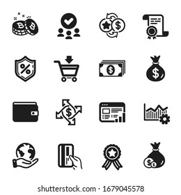 Set of Finance icons, such as Web report, Payment card. Certificate, approved group, save planet. Online market, Cash, Operational excellence. Payment exchange, Banking, Loyalty points. Vector