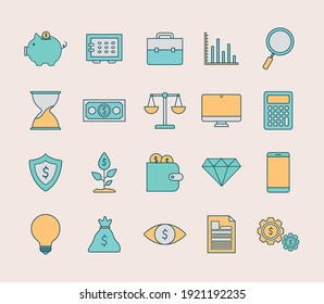 set of finance and invest icons on a light pink background vector illustration design