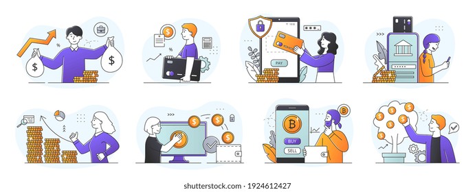 Set of finance, investment and banking concepts with scenes of eight financial activities including cryptocurrency, transfers, wealth, success, online banking, money tree, outline vector illustration