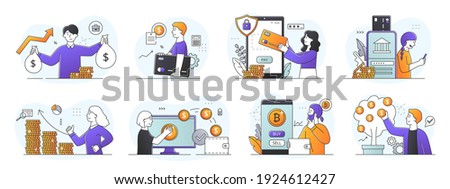 Set of finance, investment and banking concepts with scenes of eight financial activities including cryptocurrency, transfers, wealth, success, online banking, money tree, outline vector illustration