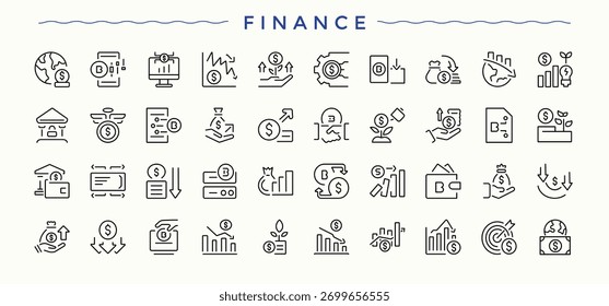 Conjunto de icono de línea de finanzas. Incluye símbolos de línea delgada, crédito, banco, financiero, presupuesto y más. colección de iconos de contorno de Vector. Conjunto de iconos financieros. Píxel perfecto. Vector editable.