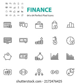 set of finance line icons, money, bank, economy