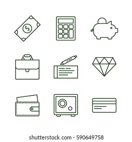 Set of finance and money icons with banknote, piggy bank, diamond, safe, calculator. Flat green bright icon set. 