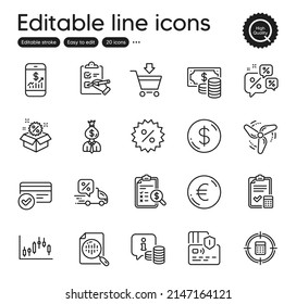 Set of Finance outline icons. Contains icons as Mobile finance, Discounts chat and Calculator target elements. Discount, Wind energy, Info web signs. Payment methods, Online market. Vector