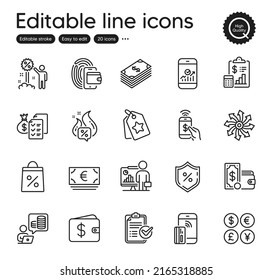 Set of Finance outline icons. Contains icons as Versatile, Shopping bag and Accounting wealth elements. Wallet, Dollar wallet, Smartphone statistics web signs. Report. Outline versatile icon. Vector
