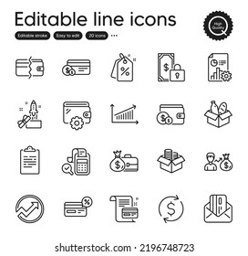 Set of Finance outline icons. Contains icons as Cashback, Discount tags and Payment method elements. Payment methods, Audit, Report web signs. Salary, Innovation, Credit card elements. Vector