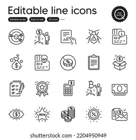 Set Of Finance Outline Icons. Contains Icons As Bitcoin Project, Cyber Attack And Post Package Elements. Targeting, Money Bag, No Cash Web Signs. Card, Loyalty Award, Document Elements. Vector