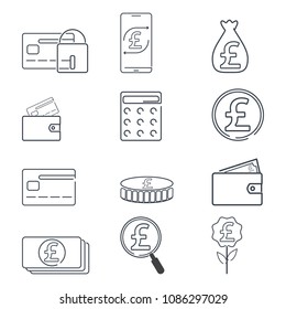 Set of finance and Pound GBP sign icon. Simple line illustration.