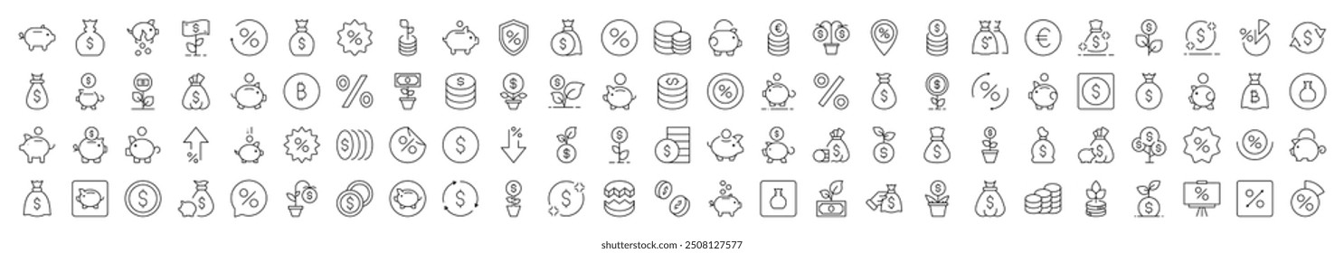 Conjunto de iconos de línea relacionados con finanzas. Trazo Editable para Diseño, Sitios web, App, Tarjetas. Contiene Imágenes lineales de hucha, porcentaje, moneda, dinero del árbol