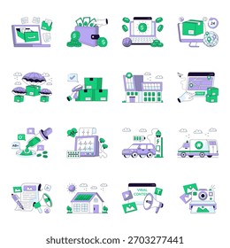 Conjunto de Ilustraciones de línea plana de finanzas y seguridad