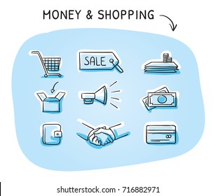 Set with finance and shopping icons, as money, credit card, shaking hands, purse, box, shopping cart, megaphone. Hand drawn sketch vector illustration, blue marker coloring on plain background.