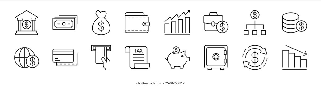 set of finance thin line icon. contain bank, wallet, money, payment, atm, growth, profit, business, currency, money management, personal finance icon collections. vector illustration