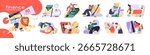 Set of finance transactions. Online banking in app, currency exchange, cash withdraw, payment by credit card. Financial literacy and management. Flat isolated vector illustrations on white background