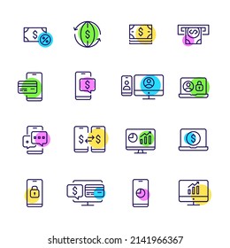 Set of finance and wealth icons. Cash withdrawal, online banking and investment strategy. Pixel perfect, editable stroke