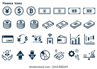 A set of finance-related icons such as money and stocks. Simple, easy-to-use, monochromatic illustrations.