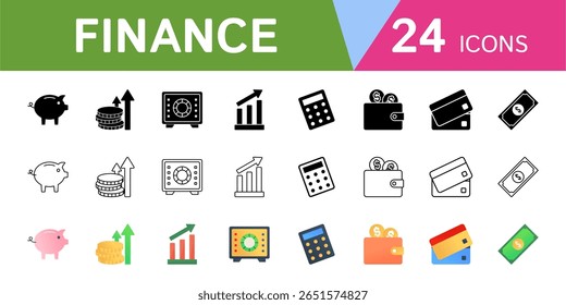 A set of finance-themed web icons. Design symbols for piggy banks, money wallets, calculators, stacks of coins, and more.