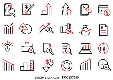 Set of Financial Analytics icon vector. contains such icon us economy, provit, financial, business, infographic and more, modern and trendy icons design. editable stroke