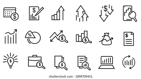 Set of Financial Analytics Related Vector Line Icons. Contains such Icons as Gainers and Losers, Portfolio Analysis, Financial Illustration symbol. Editable Stroke.