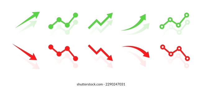 Set of financial arrows up and down. Green and red arrows with shadow. Increase and decrease. Vector 10 EPS.