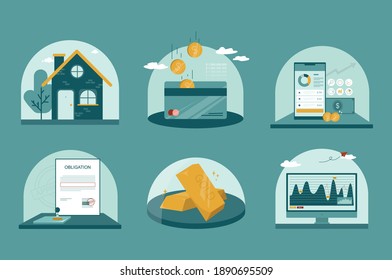 Set of financial assets, flat design style, colorful infographics vector icon 