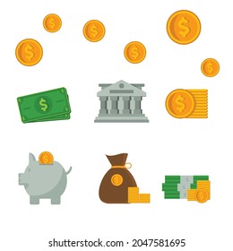 Set of financial and banking flat icon designs isolated in white background.