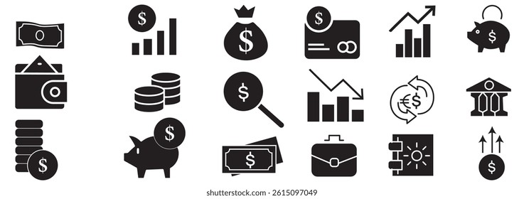 Set of financial and banking icon collection. Asset allocation, money investment savings symbol. Vector Illustration.