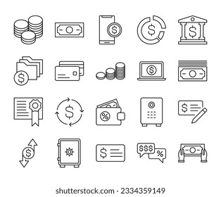 Set of financial and banking icon stroke line. payment dollar vector illustrations