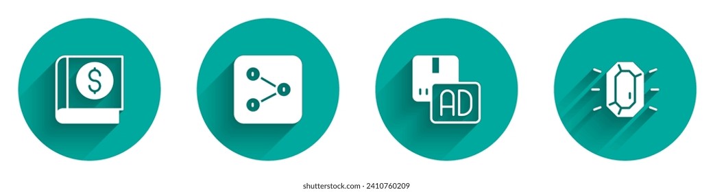Set Financial book, Share, Advertising and Diamond icon with long shadow. Vector