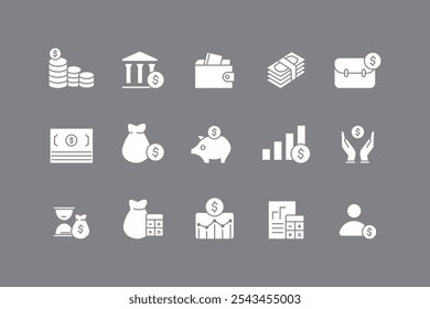Set of financial business icons. Money, cash, bank, check, profit, payment, wallet. Business collection. In white flat style. Vector illustration.