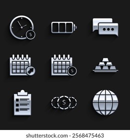 Set Financial calendar, Coin money with dollar symbol, Earth globe, Gold bars, Clipboard checklist, Calendar, Speech bubble chat and Time icon. Vector