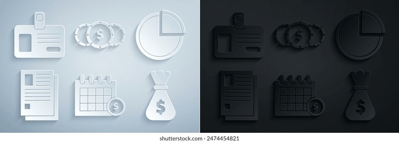 Set Financial calendar, Pie chart infographic, File document, Money bag, Coin money with dollar symbol and Identification badge icon. Vector