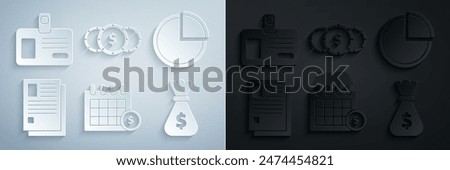 Set Financial calendar, Pie chart infographic, File document, Money bag, Coin money with dollar symbol and Identification badge icon. Vector