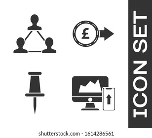 Set Financial chart or graph on the computer monitor and mobile phone, Project team base, Push pin and Coin money with pound sterling symbol icon. Vector