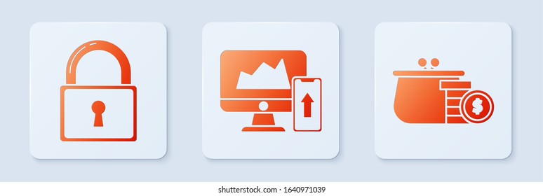 Set Financial chart or graph on the computer monitor and mobile phone, Lock and Wallet with coins. White square button. Vector