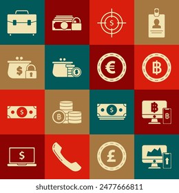 Set Financial chart or graph on the computer monitor and mobile phone, Cryptocurrency Bitcoin, Target dollar symbol, Wallet coins, Closed wallet lock, Briefcase and Coin money euro icon. Vector