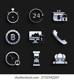 Set Financial chart or graph on the computer monitor and mobile phone, Users group, Telephone handset, Clock 24 hours, Cryptocurrency coin Bitcoin, Closed wallet and Stopwatch icon. Vector